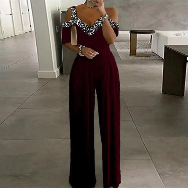 Women Jumpsuit Thin Gown Jumpsuit V-neck Popular Women Straight Wide Leg One-piece Jumpsuit Workwear