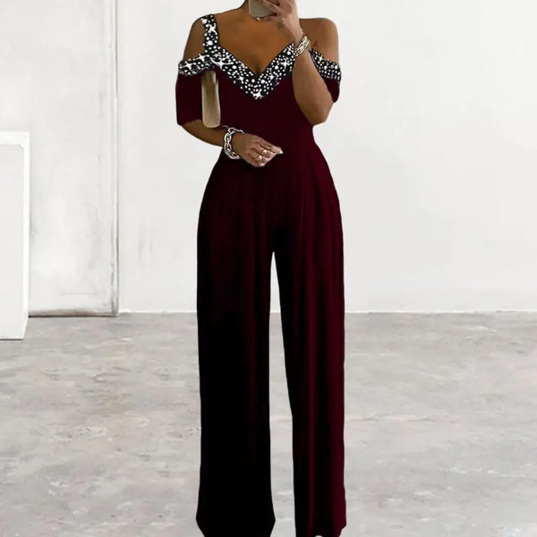 Women Jumpsuit Thin Gown Jumpsuit V-neck Popular Women Straight Wide Leg One-piece Jumpsuit Workwear