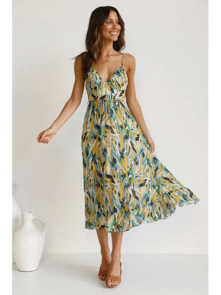 Summer Printed Dress For Women Sexy Spaghetti Strap Boho Beach Vacation Sundress V-neck  Backless Dresses Femme Vestidos