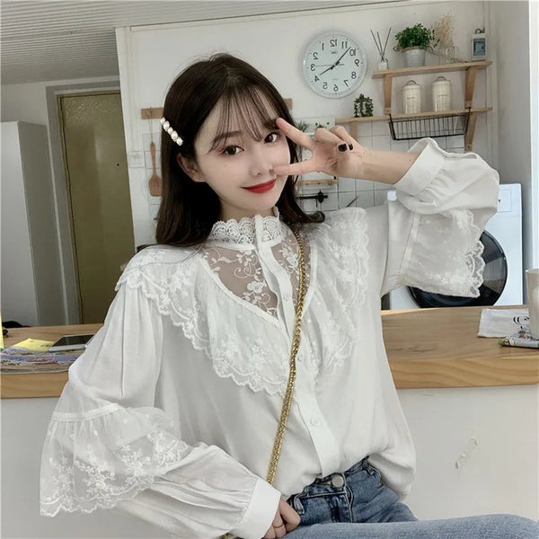 Elegant Ruffled Lace Blouse Women Stand Collar Embroidery White Shirt Long Sleeve Vintage Blouse