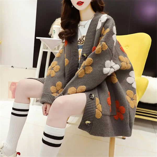 Floral Jacquard Sweater Coat Stylish Women's V-neck Jacquard Sweater Coat with Floral Design Long Sleeves Ribbed Trim for Autumn