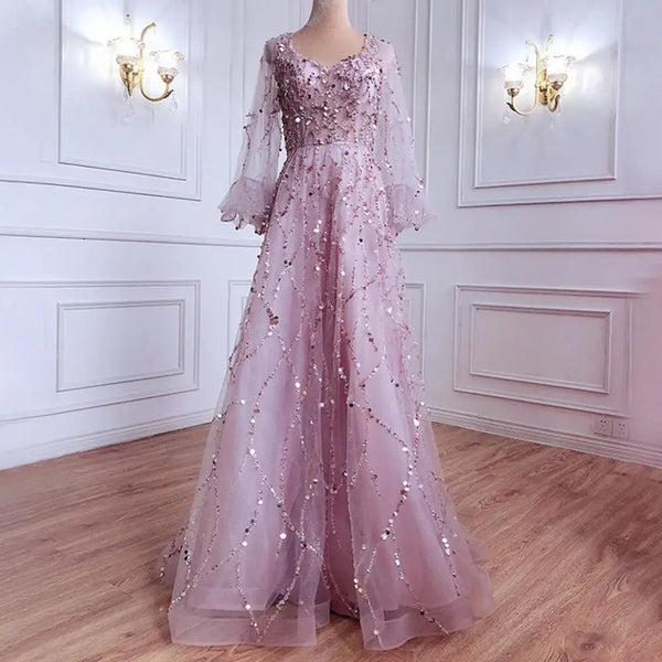 Elegant Evening Party Sequins Mesh Luxury Evening Long Lantern Sleeve Double-layered Cocktail Party