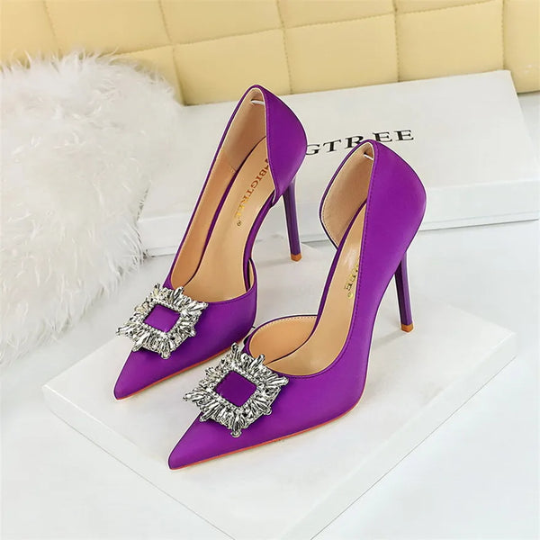 BIGTREE Blue Black Fashion Crystal Square Buckle Women Pumps Side Hollow Sexy Pointed High Heels Ladies Wedding Shoes Party Slim