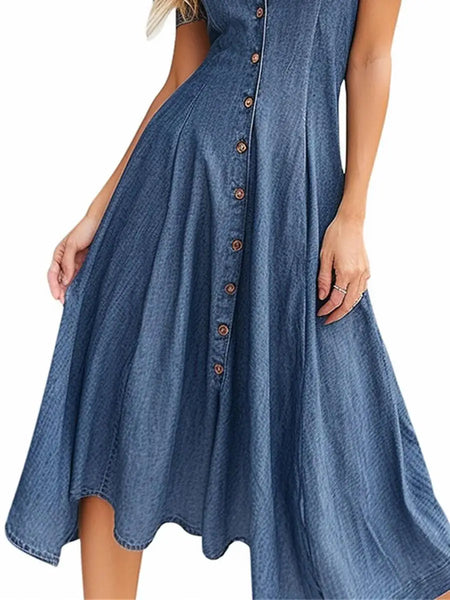 Elegant Casual Dress Loose Big Swing Short Sleeve Clothing Denim Outfits Solid Color Long Dress