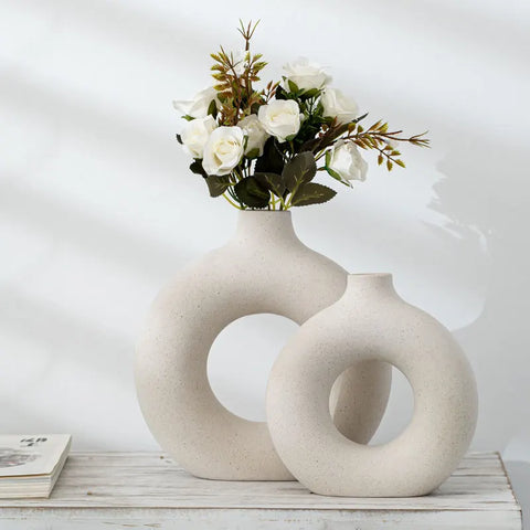 Nordic Circular Hollow Ceramic Vase Donuts Flower Pot Home Decoration Accessories