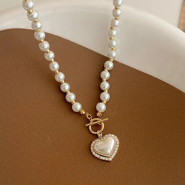 Elegant Pearl Necklace For Women Heart Pendant Luxury Imitation Pearls Chain Necklace Korean Jewelry Gifts