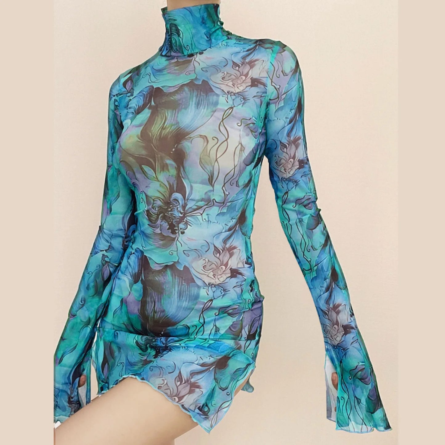 Fashion Printing High Neck Buttock Sexy Mini Dress Women Fashion Flare Sleeve Mesh Chic Party Club