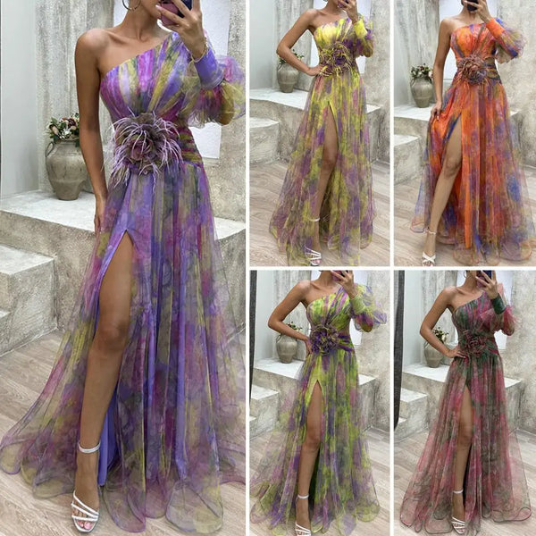 Formal Evening Elegant One Shoulder Tie-dye Ball Gown with Mesh Bubble Sleeve Split Hem Women's Evening Dress