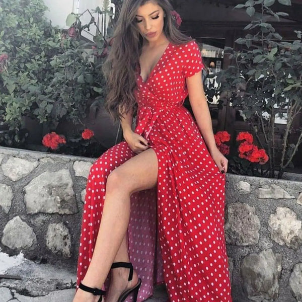 Long Split Polka dot Beach Maxi Dress Women Evening Party Dress Floor-length Beach Sundress