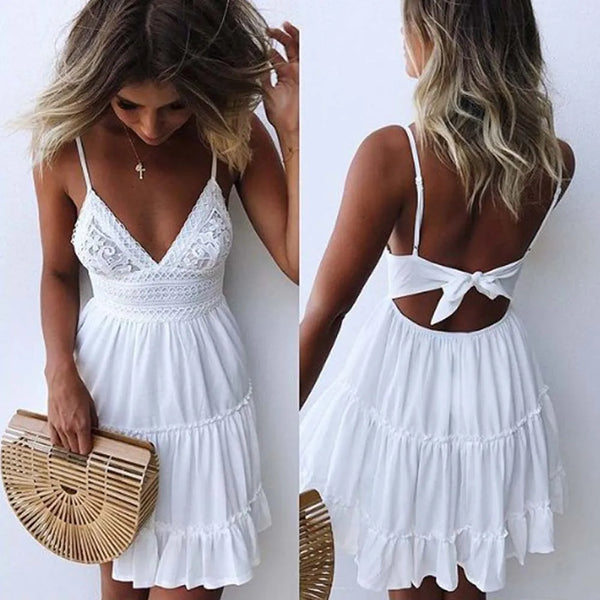 Sexy Spaghetti Strap Mini Dress For Women Solid V-Neck Backless Bow-knot Lace Stitching White Beach Dress Party