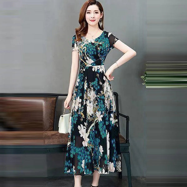 Short Sleeve Fashion Slim Fit Floral Round Neck Medium Length Dress A- shaped Printed Polyester