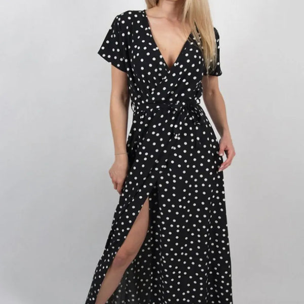 Long Split Polka dot Beach Maxi Dress Women Evening Party Dress Floor-length Beach Sundress