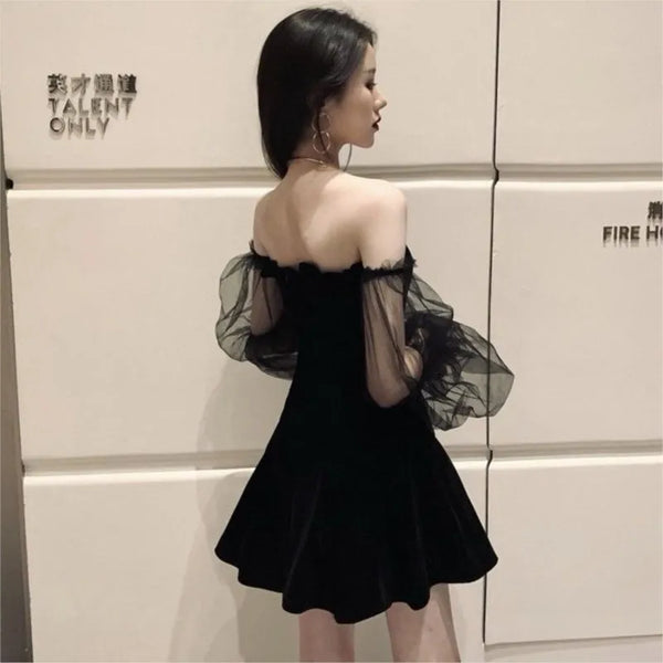 Black Retro Bubble Sleeve Black Skirt Strapless Waisted Puffy Dress Women's Korean Fashion Dress