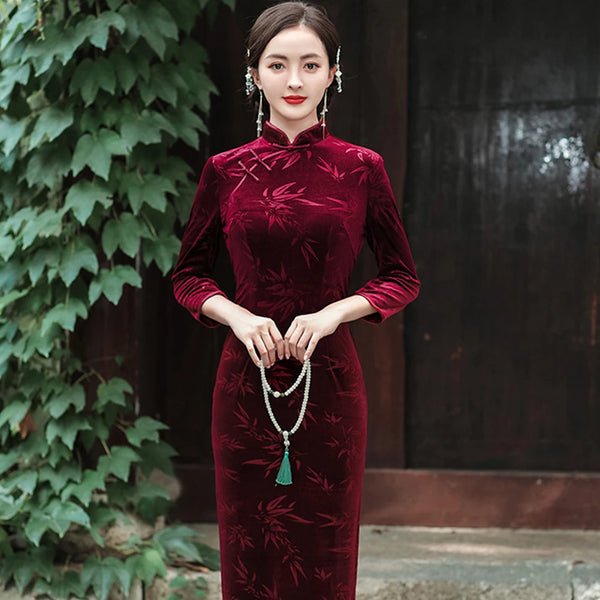 Women's Velvet Slim Fit Large Size Long Elegant Stand Collar High Slit Dress