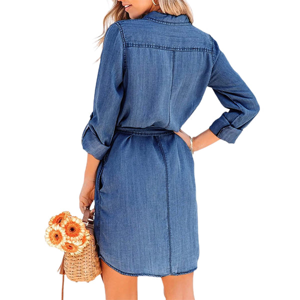 Women Long Dress Long Sleeve Shirt Dress Denim Long Dresses Pocket Button Shirt Print Dress Casual Loose Dress