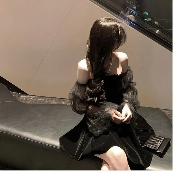 Black Retro Lace Chiffon Mini High Street Sexy Korean Fashion Women Club Dress