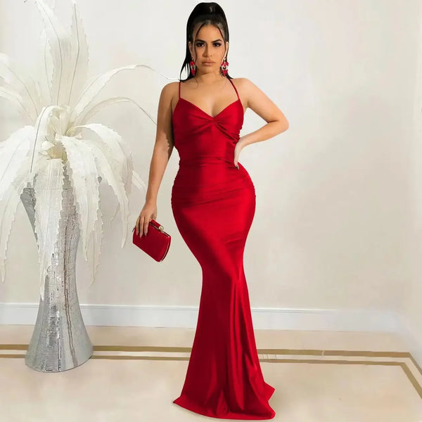 New Lace Up Solid Satin Maxi Backless Bodycon Sexy Streetwear Party Elegant Festival Evening Summer Long Dress