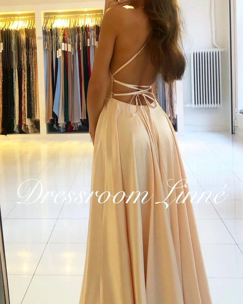 Prom Dress Spandex satin Slit Side Dress A-LINE Scoop Stretch Slip Satin High Split Long Simple Evening Party