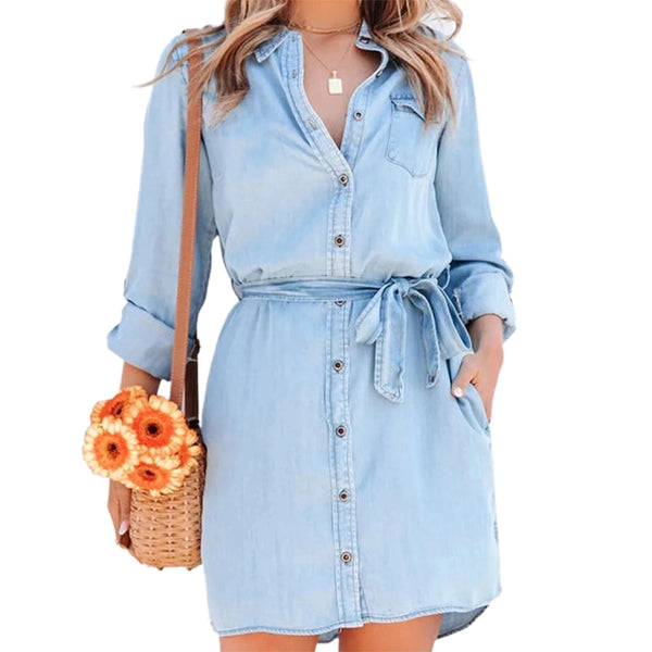 Women Long Dress Long Sleeve Shirt Dress Denim Long Dresses Pocket Button Shirt Print Dress Casual Loose Dress