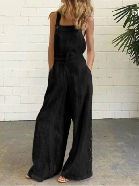 Summer Fashion Women Sleeveless Loose Jumpsuit Solid Pockets Wide Leg Pants Long Trousers Suspenders Street Leisure