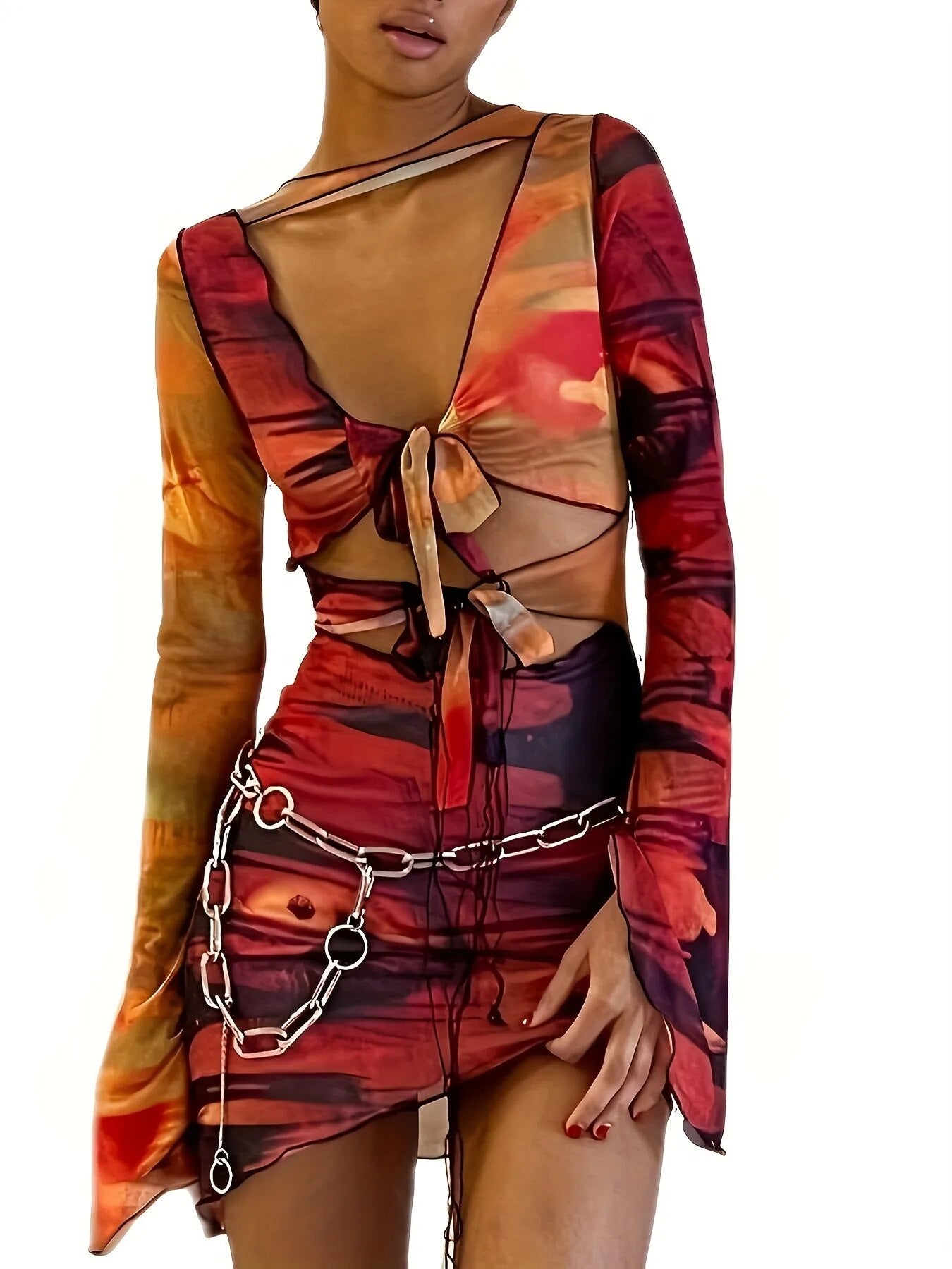 Women's Wear New Slim Fit Long Trumpet Sleeve Irregular Print Lace Up Beach Suit Dress