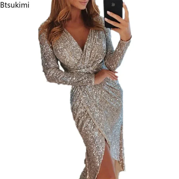 Gold Sliver Green Sequined Party Dress Women Front Split Bodycon Party Bling Clubwear Dress