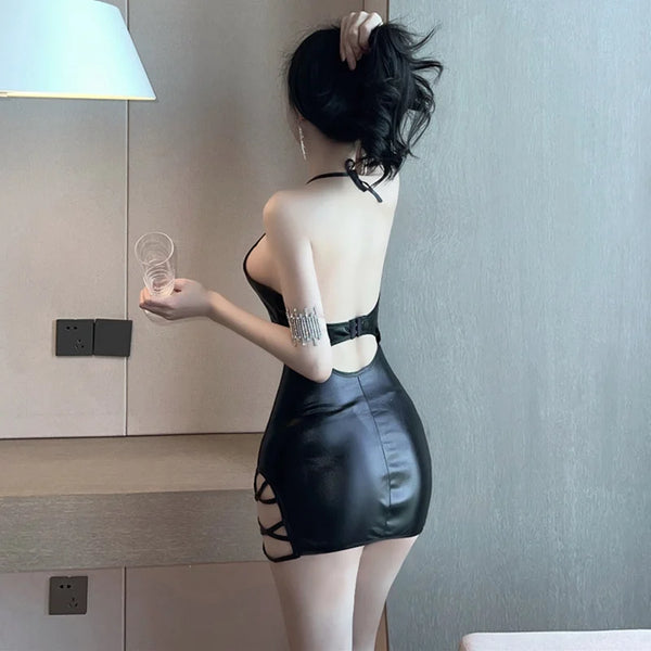 Bodycon V-Neck Hip Wrap Backless Retro Patent Leather Hollow Slit Design Sexy Slim Fit Sleeveless