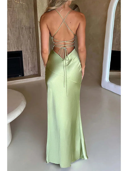 Fashion Sexy Satin Backless Spaghetti Strap Split Hem Silk Bodycon Casual Lace-up Evening Long Dress