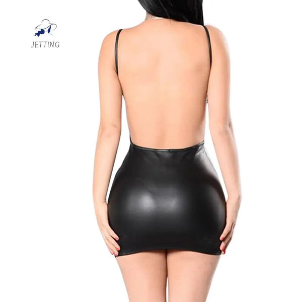Sexy Faux Leather Dress Backless Club Party Short Dress Solid Black Wet Look Latex Bodycon Push Up Bra Mini Micro Dress