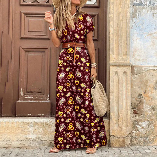 Long Dress Short Sleeve Belt Color Printed V-neck Slit Robe Dress Casual Commuting Vacation