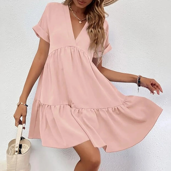 Casual Short Sleeve Mini Spring Summer V-neck Loose Cute Solid Big Hem Beach Dress