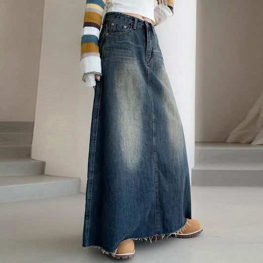 American Style Denim Skirt Women's New Style Washed And Made Old Pockets, Raw Hem, Knee-length Casual A-line Long Skirt