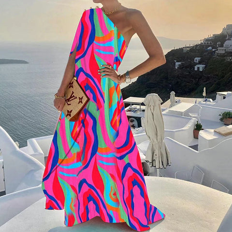 Elegant Solid One Shoulder Big Hem Skew Collar Backless Beach Women Irregular Loose Slit Maxi Dress