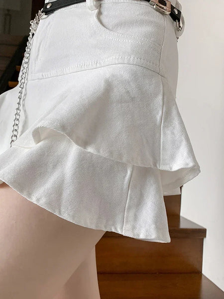 Vintage Woman Denim Shorts Skirt Streetwear All Match Washed Kawaii Ball Gown Ruffles Mini Jeans