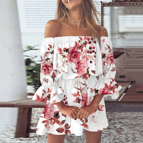 Dress for Women Sexy Off Shoulder Floral Print Flare Sleeve Tunic Dress Women Casual Mini