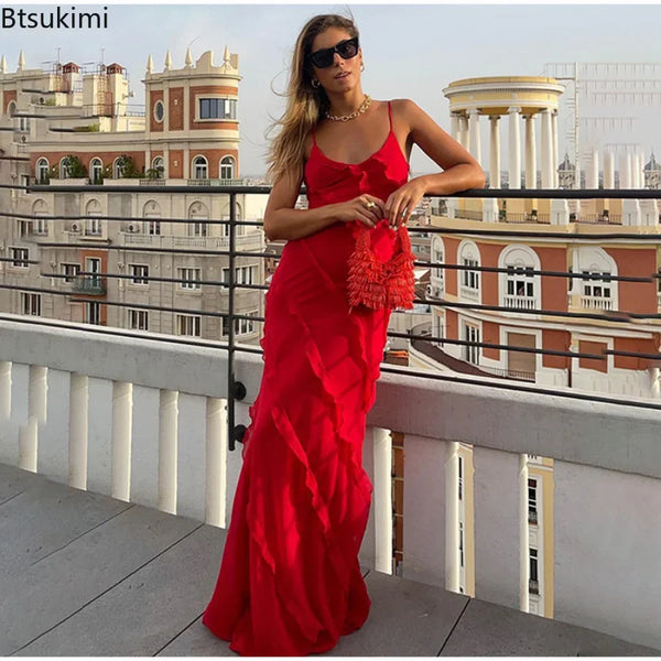 Women's Ruffles Chiffon Maxi Dress Backless Split Sexy Prom Red Long Wedding Party Dress Elegant