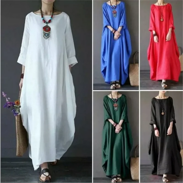 New Loose Size Round Neck Mid-Sleeve Large Swing Cotton And Linen Long Dress