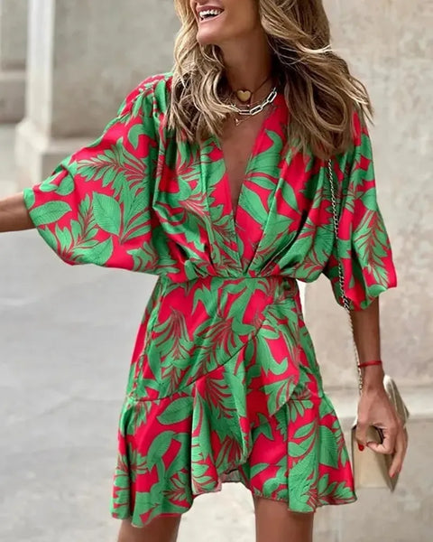 Bat Sleeves Sexy V-Neck Hem Irregular Printed Fashion Loose 5/4 Sleeve Mini Dress