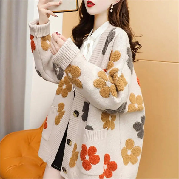 Floral Jacquard Sweater Coat Stylish Women's V-neck Jacquard Sweater Coat with Floral Design Long Sleeves Ribbed Trim for Autumn