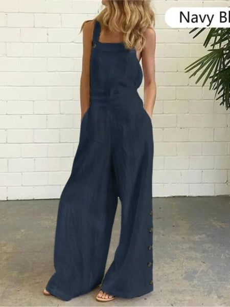 Summer Fashion Women Sleeveless Loose Jumpsuit Solid Pockets Wide Leg Pants Long Trousers Suspenders Street Leisure