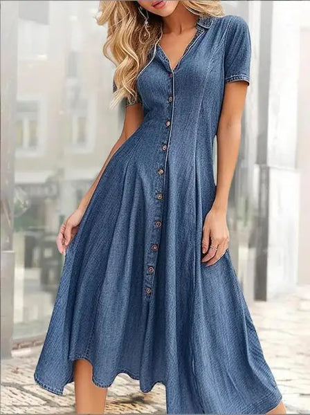 Elegant Casual Dress Loose Big Swing Short Sleeve Clothing Denim Outfits Solid Color Long Dress