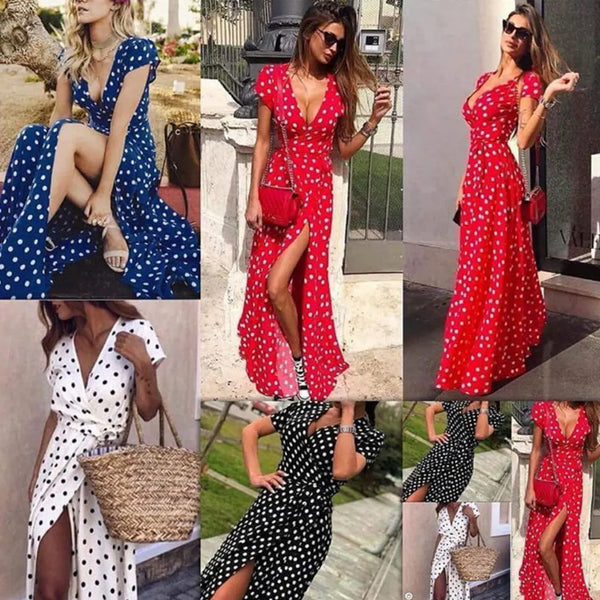 Long Split Polka dot Beach Maxi Dress Women Evening Party Dress Floor-length Beach Sundress