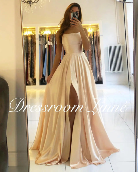 Prom Dress Spandex satin Slit Side Dress A-LINE Scoop Stretch Slip Satin High Split Long Simple Evening Party