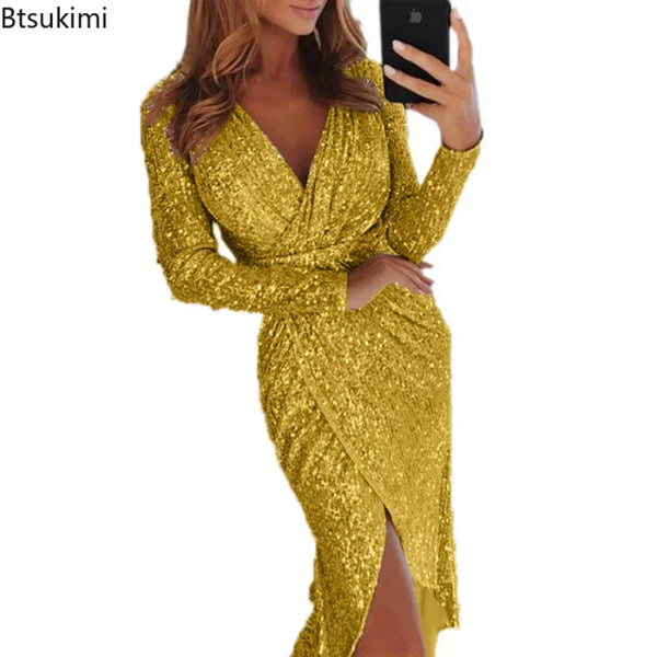 Gold Sliver Green Sequined Party Dress Women Front Split Bodycon Party Bling Clubwear Dress