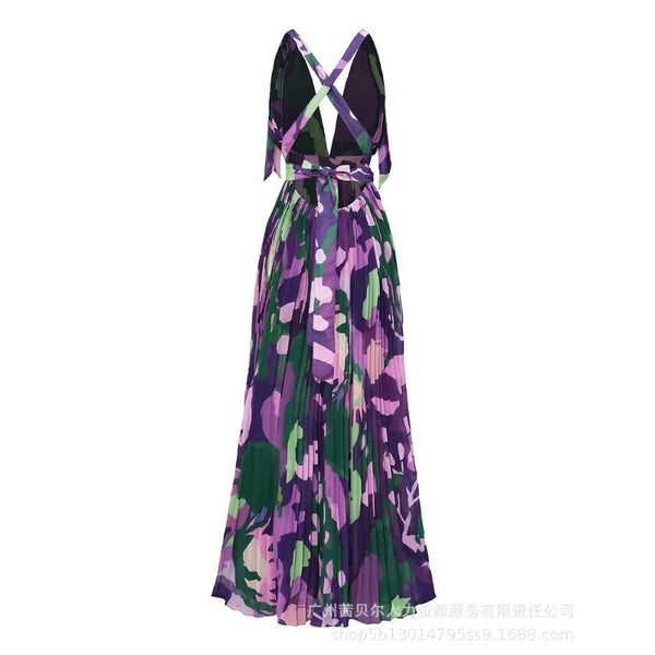 Summer Autumn Floral Print Pleated Slit Dress Women's Fashion Backless Sleeveless V-neck High Waist Dress