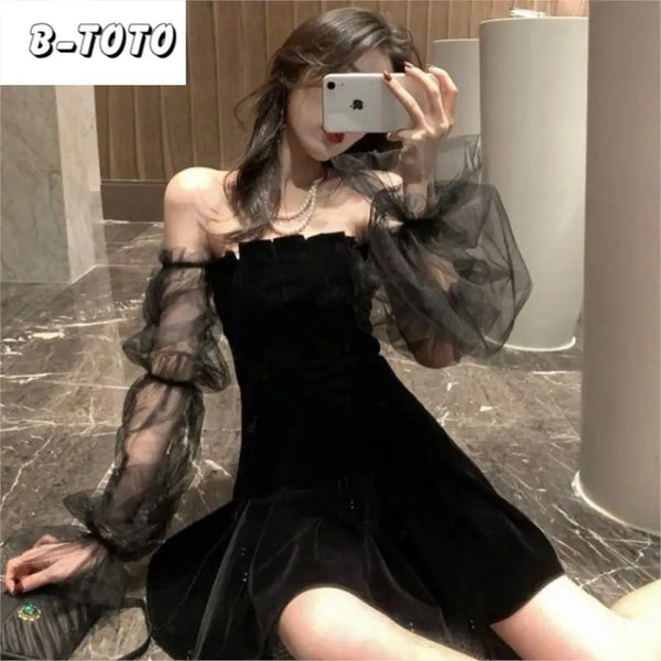 Black Retro Bubble Sleeve Black Skirt Strapless Waisted Puffy Dress Women's Korean Fashion Dress