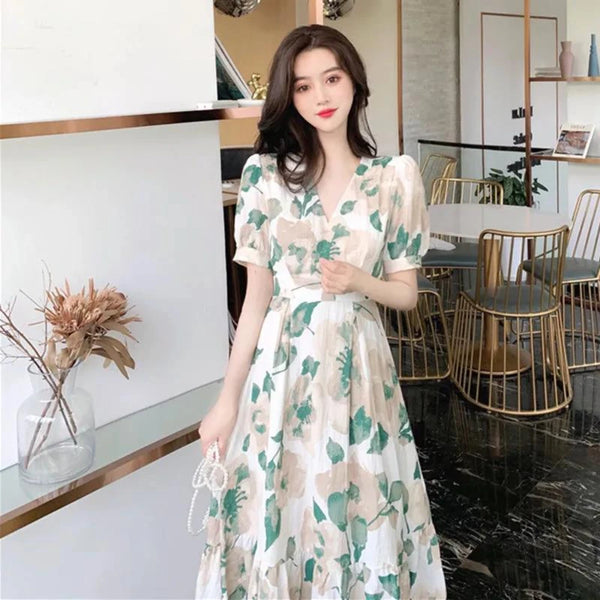 Korean Fashion Elegant Fragmentation Long Paragraph Dress Short-sleeved V-neck Waist A-line Dress