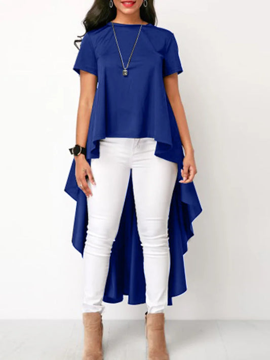 Asymmetrical Top Casual Pullover Minimalist Solid Short Sleeve Blouse