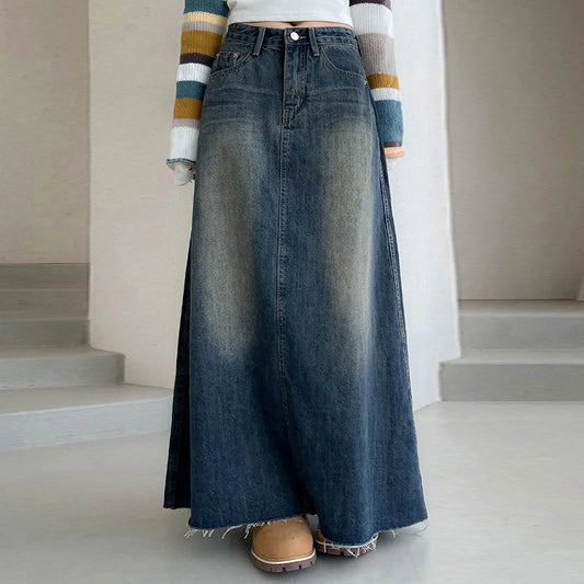 American Style Denim Skirt Women's New Style Washed And Made Old Pockets, Raw Hem, Knee-length Casual A-line Long Skirt