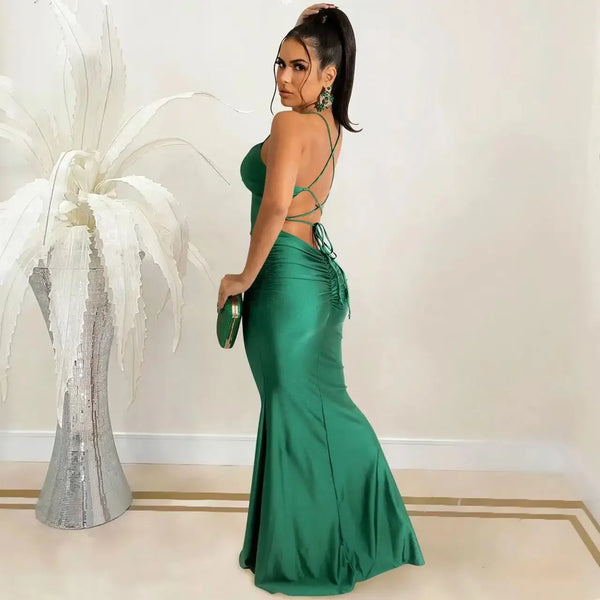 New Lace Up Solid Satin Maxi Backless Bodycon Sexy Streetwear Party Elegant Festival Evening Summer Long Dress